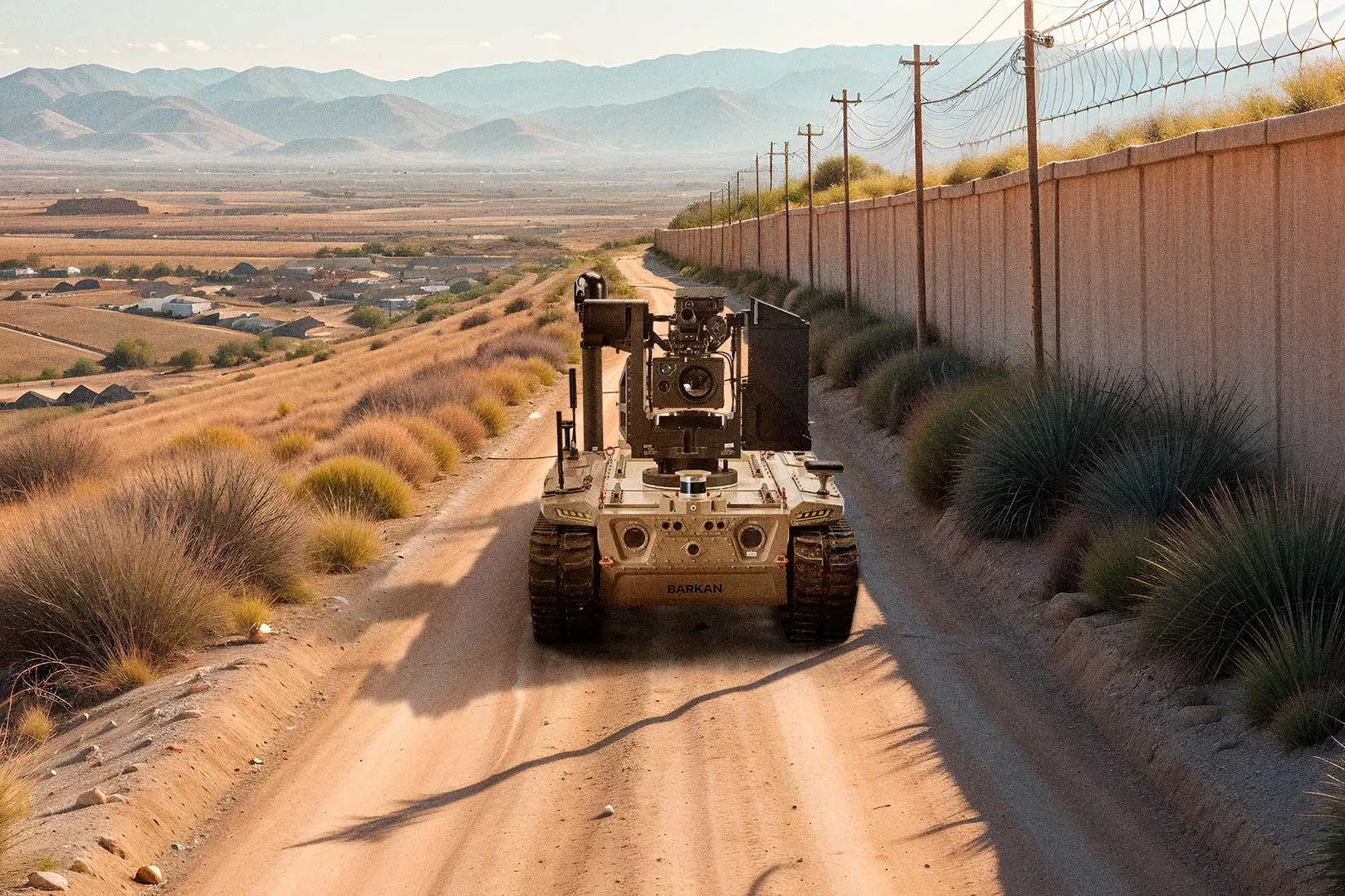 Tracked vehicle with raised mast patrolling a dirt road beside a long border wall and fence line.