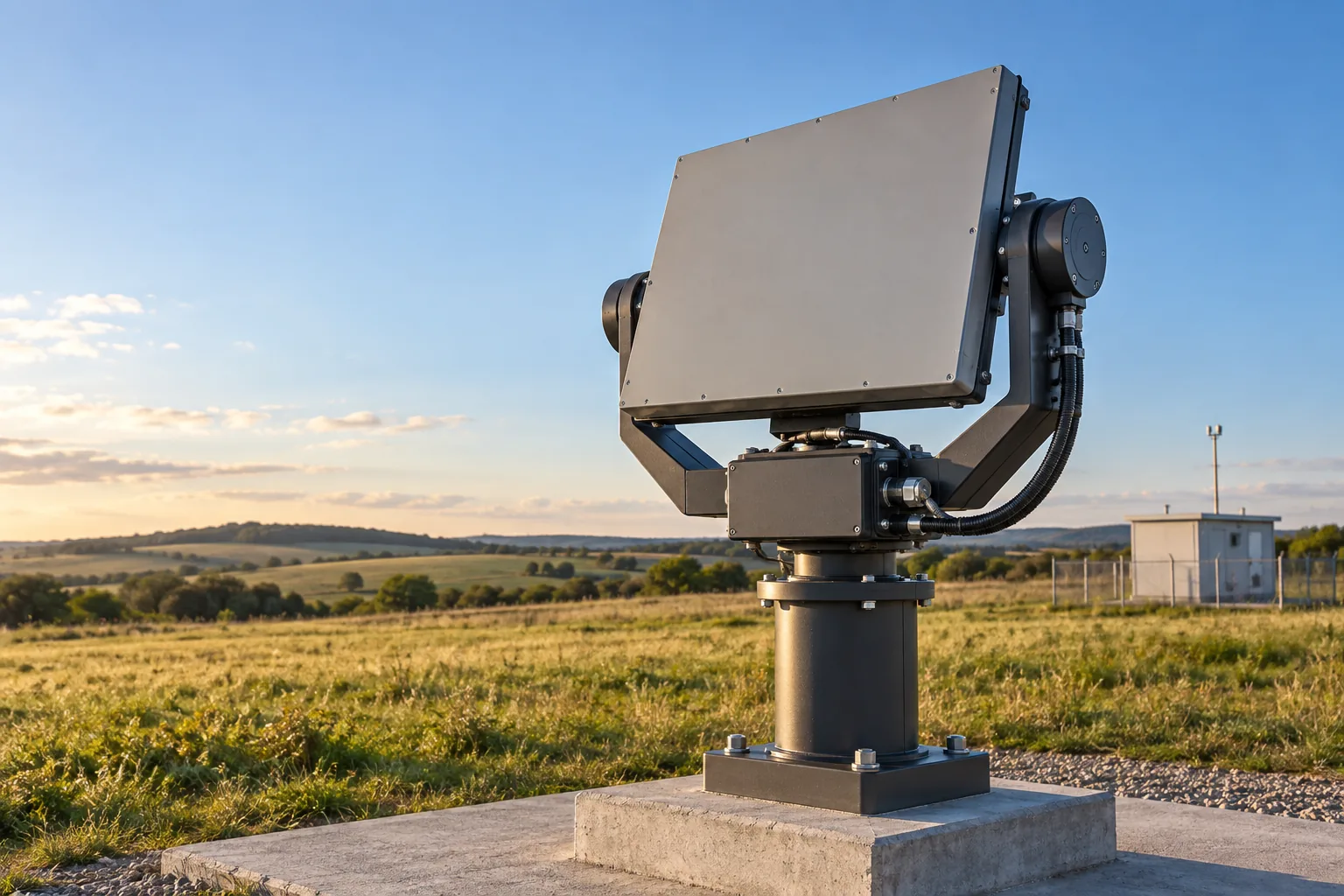 A flat radar panel on a compact powered support at an outdoor site.