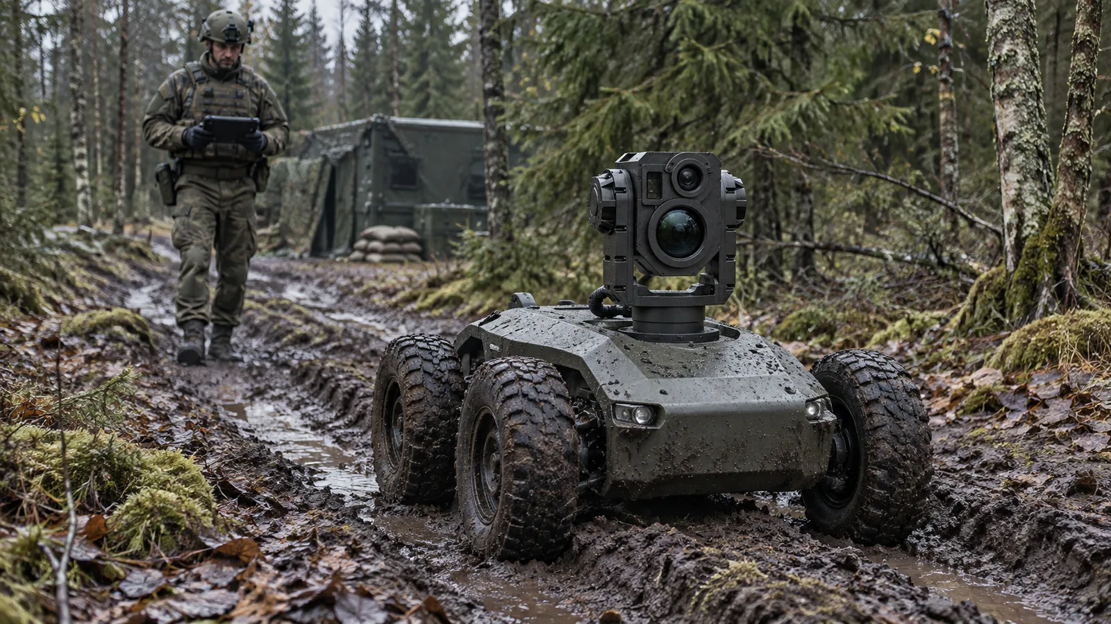 Compact four-wheel inspection rover with a low-mounted SEG14 camera on a wet woodland military service track.