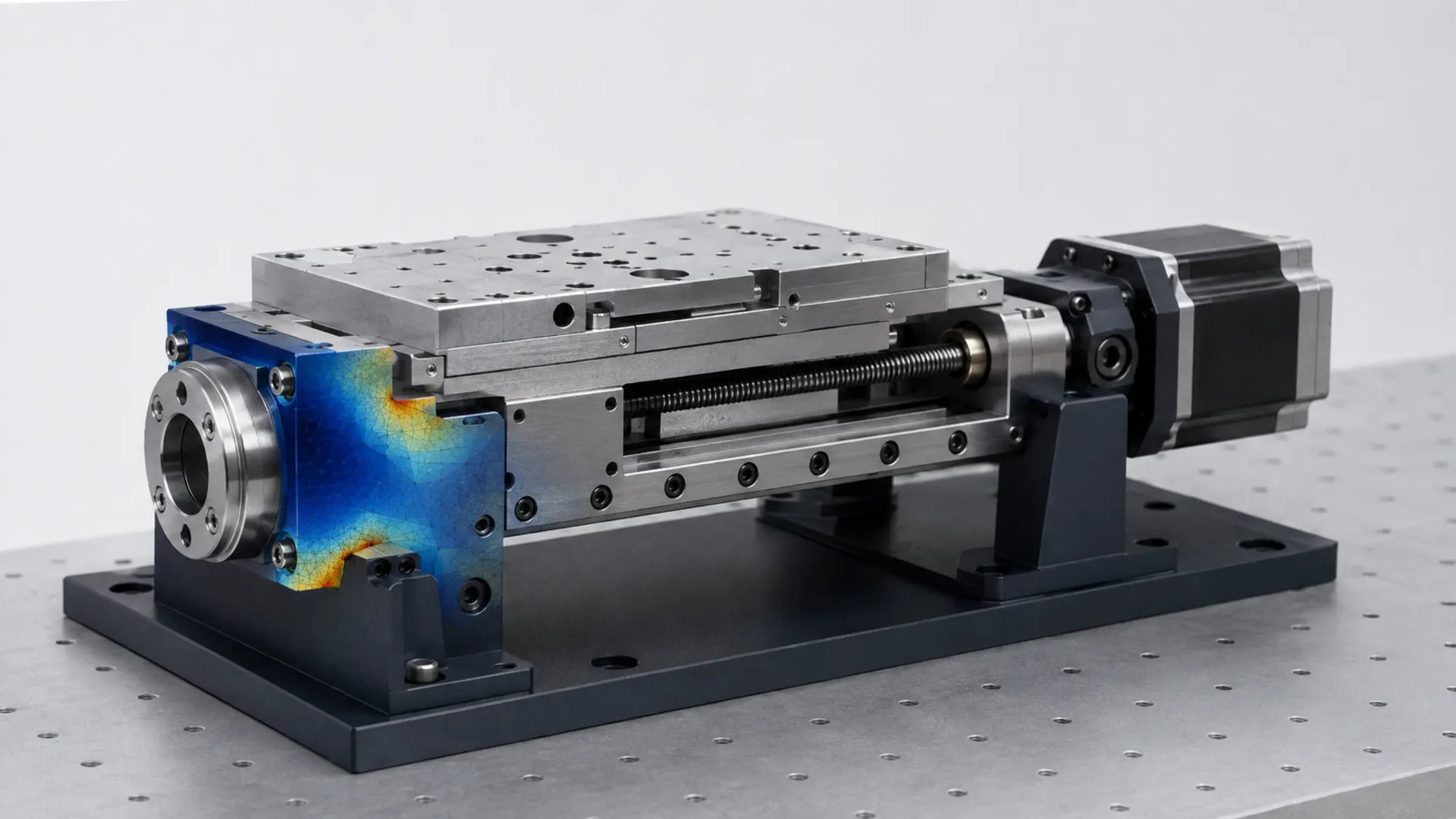 A ballscrew linear stage with its stepper motor on an optical table, the end block carrying a coloured stress map from a structural analysis.